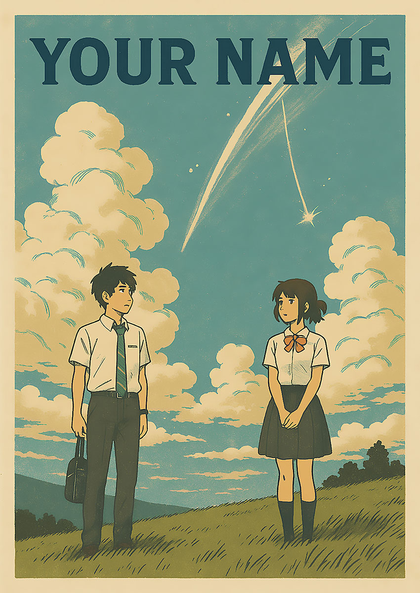 Artwork inspired by 'Your Name' featuring two characters under a blue sky with clouds.